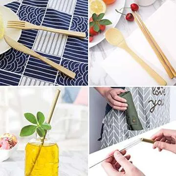 Set of 2, Bamboo Utensils Cutlery, DaKuan Reusable Cutlery Travel Set, Bamboo Spoon, Fork, Knife, Brush, Chopsticks and Straw, Eco-Friendly Portable Utensils With Case