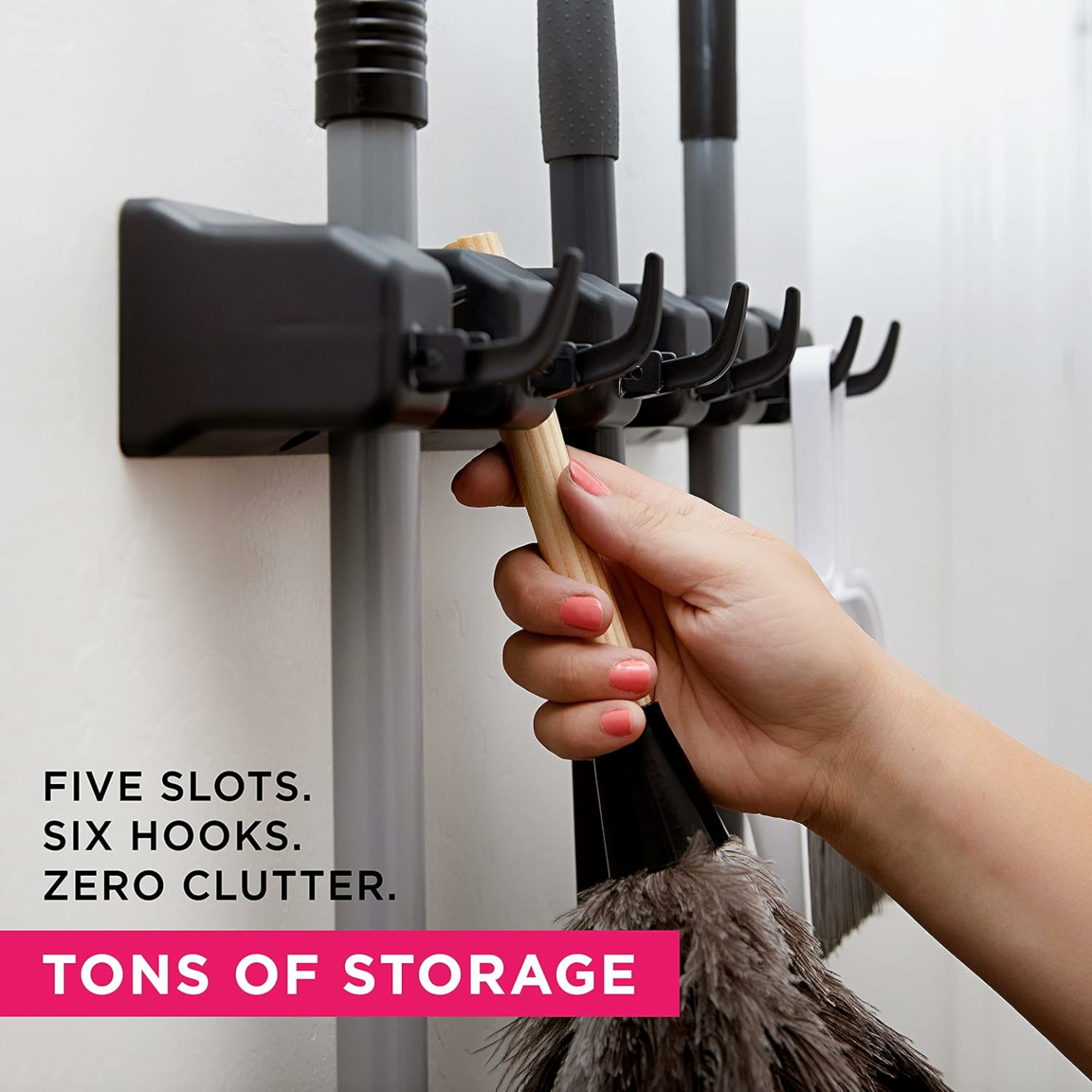 Broom Holder & Garden Tool Organizer - 5 Slots & 6 Hooks