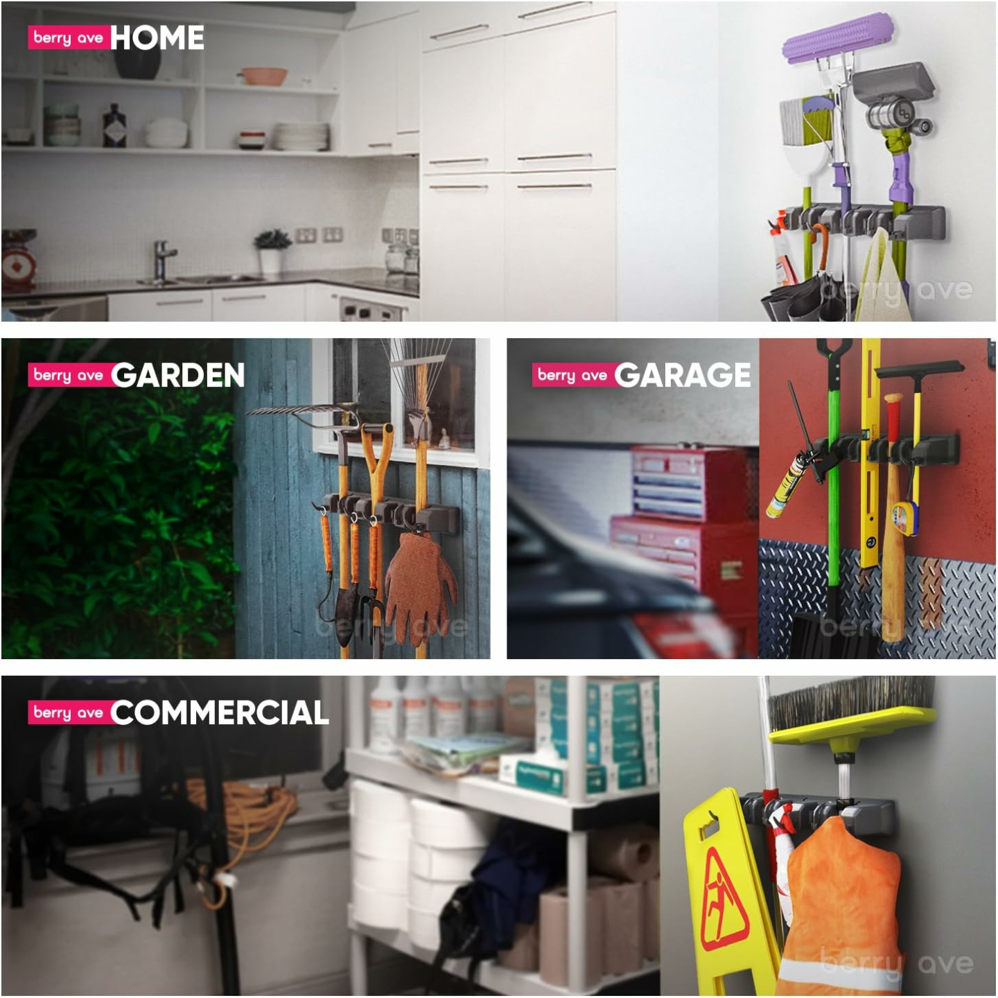 Broom Holder & Garden Tool Organizer - 5 Slots & 6 Hooks