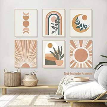 XUOIAYNB Abstract Boho Wall Art Prints, Minimalist Geometric Sun Canvas Wall Art (8"x10"x6pcs, Unfra...