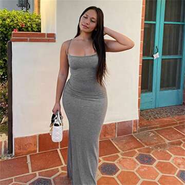 Zempertoopa Women Sexy Bodycon Maxi Dress Low Cut Spaghetti Strap Dress Cami Long Dress Elegant Formal Dress Party Streetwear (Grey, M)