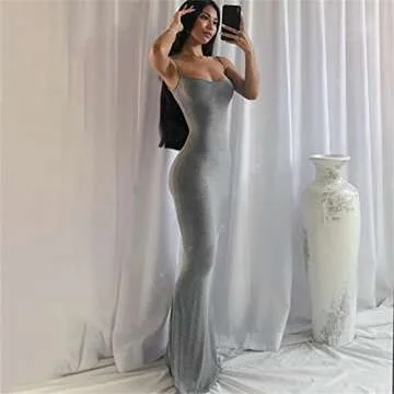 Zempertoopa Women Sexy Bodycon Maxi Dress Low Cut Spaghetti Strap Dress Cami Long Dress Elegant Formal Dress Party Streetwear (Grey, M)