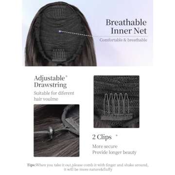 KooKaStyle Ponytail Extensions, 22 inch Dark Brown Long Drawstring Wavy Clip in Ponytail Hair Extensions Layered Synthetic Hairpiece for Women