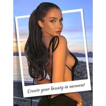 KooKaStyle Ponytail Extensions, 22 inch Dark Brown Long Drawstring Wavy Clip in Ponytail Hair Extensions Layered Synthetic Hairpiece for Women