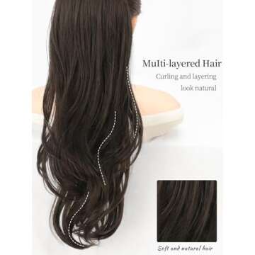 KooKaStyle Ponytail Extensions, 22 inch Dark Brown Long Drawstring Wavy Clip in Ponytail Hair Extensions Layered Synthetic Hairpiece for Women