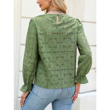 CUPSHE Women Eyelet Long Sleeve Tops Shirts Dressy Hollow Out Crochet Lace Embroidered Blouses Green M