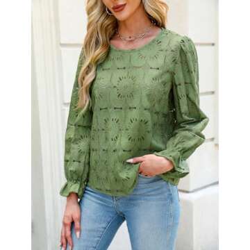 CUPSHE Women Eyelet Long Sleeve Tops Shirts Dressy Hollow Out Crochet Lace Embroidered Blouses Green M