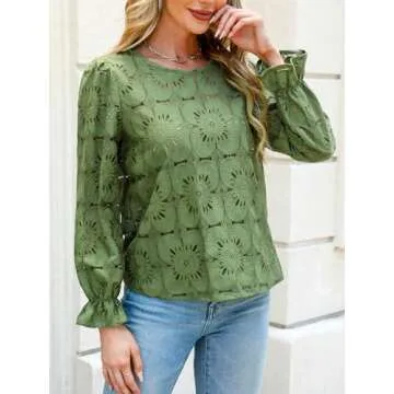 CUPSHE Women Eyelet Long Sleeve Tops Shirts Dressy Hollow Out Crochet Lace Embroidered Blouses Green M