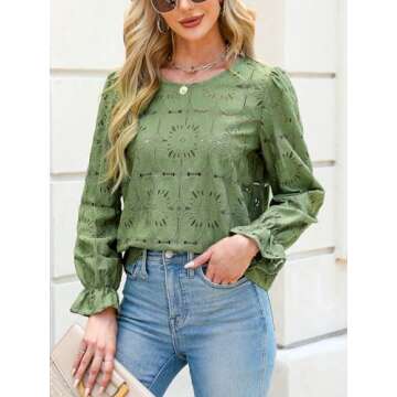 CUPSHE Women Eyelet Long Sleeve Tops Shirts Dressy Hollow Out Crochet Lace Embroidered Blouses Green M
