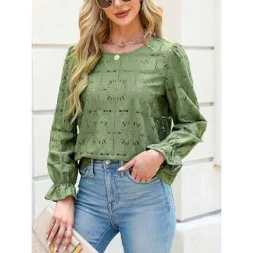 CUPSHE Women Eyelet Long Sleeve Tops Shirts Dressy Hollow Out Crochet Lace Embroidered Blouses Green M