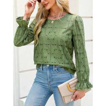 CUPSHE Women Eyelet Long Sleeve Tops Shirts Dressy Hollow Out Crochet Lace Embroidered Blouses Green M