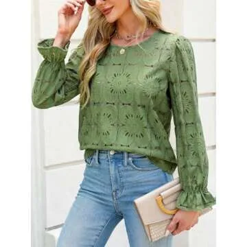 CUPSHE Women Eyelet Long Sleeve Tops Shirts Dressy Hollow Out Crochet Lace Embroidered Blouses Green M