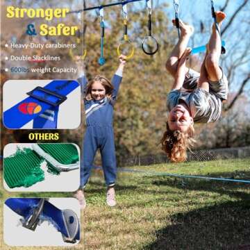Ninja Warrior Obstacle Course for Kids, 2×56ft Slackline Kit with 8 Ninja Accessories - Monkey Bar,...