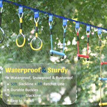 Ninja Warrior Obstacle Course for Kids, 2×56ft Slackline Kit with 8 Ninja Accessories - Monkey Bar, Rope Ladder, Gymnastic Ring, Arm Trainer and Monkey Fist