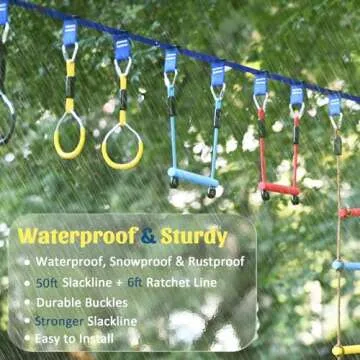 Ninja Warrior Obstacle Course for Kids, 2×56ft Slackline Kit with 8 Ninja Accessories - Monkey Bar, Rope Ladder, Gymnastic Ring, Arm Trainer and Monkey Fist