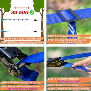 Ninja Warrior Obstacle Course for Kids, 2×56ft Slackline Kit with 8 Ninja Accessories - Monkey Bar, Rope Ladder, Gymnastic Ring, Arm Trainer and Monkey Fist