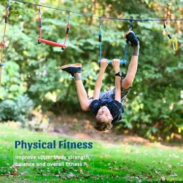 Ninja Warrior Obstacle Course for Kids, 2×56ft Slackline Kit with 8 Ninja Accessories - Monkey Bar, Rope Ladder, Gymnastic Ring, Arm Trainer and Monkey Fist