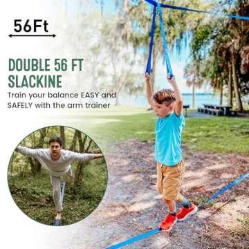 Ninja Warrior Obstacle Course for Kids, 2×56ft Slackline Kit with 8 Ninja Accessories - Monkey Bar, Rope Ladder, Gymnastic Ring, Arm Trainer and Monkey Fist