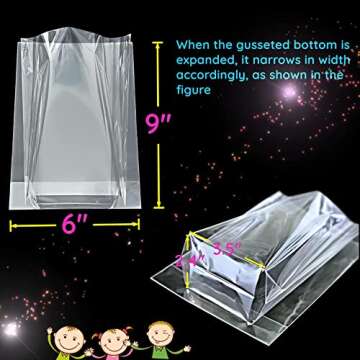 PigPotParty 6"x 9", 100Pcs Bottom Gusset Bags, Clear Plastic Cellophane Treat Goodie Bags with Ties for Party Favor, Candy, Cookie, Popcorn, Small Gift Wrapping (No Side Gusset)