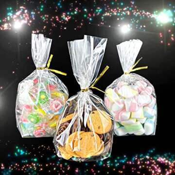 PigPotParty 6"x 9", 100Pcs Bottom Gusset Bags, Clear Plastic Cellophane Treat Goodie Bags with Ties for Party Favor, Candy, Cookie, Popcorn, Small Gift Wrapping (No Side Gusset)