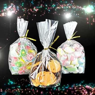 PigPotParty 6"x 9", 100Pcs Bottom Gusset Bags, Clear Plastic Cellophane Treat Goodie Bags with Ties for Party Favor, Candy, Cookie, Popcorn, Small Gift Wrapping (No Side Gusset)