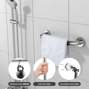 12 Inch Stainless Steel Shower Grab Bar - ZUEXT Shower Handle, Bathroom Balance Bar - Safety Hand Rail Support - Handicap, Elderly, Injury, Senior Assist Bath Handle (w/Self-Adhesive Stick-on Hook)