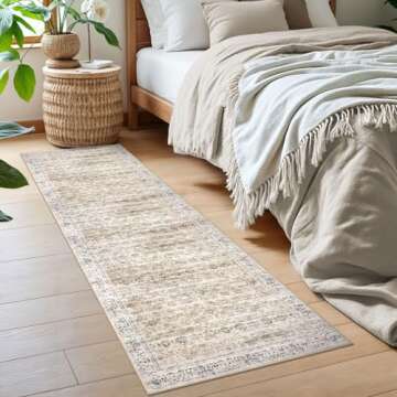 SIILOOM 2x6 Beige Yellow Washable Runner Rug for Hallways, Soft Neutral Vintage Kitchen Rugs with Non-Slip, Non-Shedding Distressed Floral Rug for Bedroom Kitchen Porch Laundry Entryway