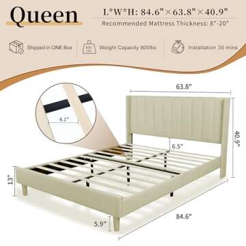 QNZK Bed Frame Upholstered Platform with Headboard and Strong Wooden Slats, No Box Spring Needed, No...