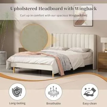 QNZK Bed Frame Upholstered Platform with Headboard and Strong Wooden Slats, No Box Spring Needed, Noiseless Wood Foot Easy Assemble (Beige, Queen)