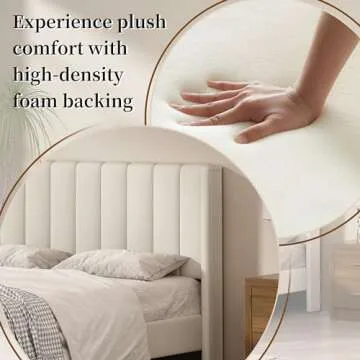 QNZK Bed Frame Upholstered Platform with Headboard and Strong Wooden Slats, No Box Spring Needed, Noiseless Wood Foot Easy Assemble (Beige, Queen)