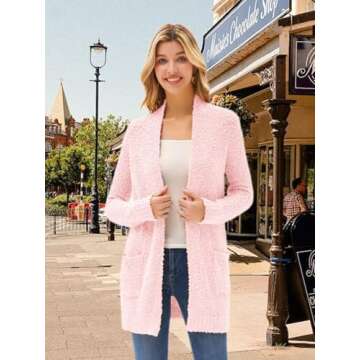 GRACE KARIN Womens Cardigans Long Soft Chunky Knit Cardigan Sweater Coat Pink Fuzzy Cardigan with Pocket Light Pink S