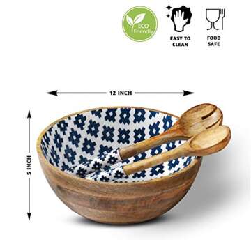 Folkulture Salad Bowl or Wooden Bowls with Serving Tongs, Large for Fruits, Cereal or Pasta, Large M...