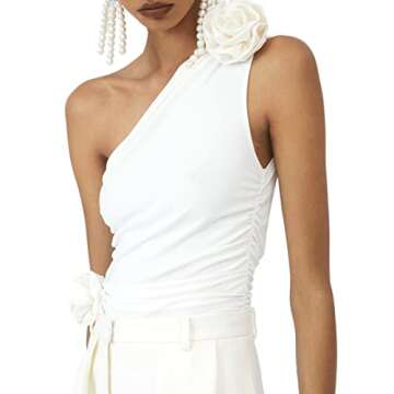 Sexy Tank Top for Women 3D Floral Tassels Ruffle Crop Top Y2K Slim Fitted Sleeveless Shirt Tee(V-White 3D Floral Tank Top,S)