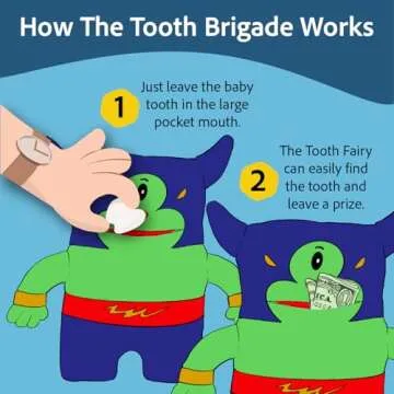 The Tooth Brigade Tooth Fairy Pillow | Stuffed Plush with Large Pocket Mouth for Lost Teeth, Treasur...