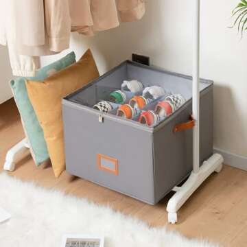 Delamu Shoe Organizer for Closet, Fabric Storage Bins with Lids/Clear Cover, Adjustable Dividers for Storage Bins/Bottom Support, Foldable Space-saving Closet Storaget, Ornament Storage, Grey