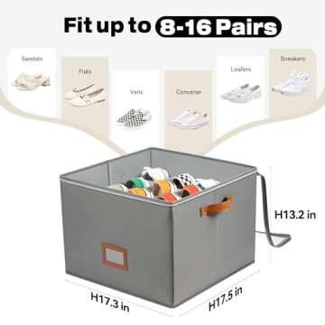 Delamu Shoe Organizer for Closet, Fabric Storage Bins with Lids/Clear Cover, Adjustable Dividers for Storage Bins/Bottom Support, Foldable Space-saving Closet Storaget, Ornament Storage, Grey