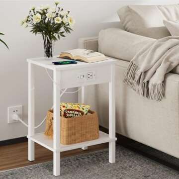 VIMBER Set of 2 End Table with Charging Station, Narrow Side Table with USB Ports and Outlets, Nightstands with 2-Tier Storage Shelves, Sofa Table for Small Space Living Room Bedroom, White UTBT102W2