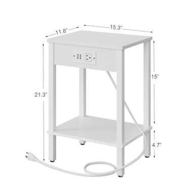 VIMBER Set of 2 End Table with Charging Station, Narrow Side Table with USB Ports and Outlets, Nightstands with 2-Tier Storage Shelves, Sofa Table for Small Space Living Room Bedroom, White UTBT102W2