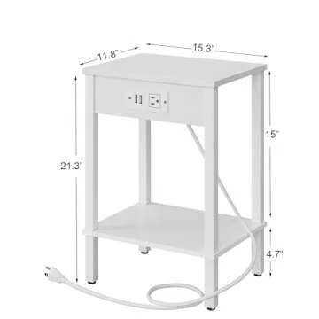 VIMBER Set of 2 End Table with Charging Station, Narrow Side Table with USB Ports and Outlets, Nightstands with 2-Tier Storage Shelves, Sofa Table for Small Space Living Room Bedroom, White UTBT102W2