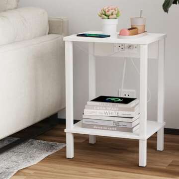 VIMBER Set of 2 End Table with Charging Station, Narrow Side Table with USB Ports and Outlets, Nightstands with 2-Tier Storage Shelves, Sofa Table for Small Space Living Room Bedroom, White UTBT102W2