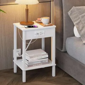 VIMBER Set of 2 End Table with Charging Station, Narrow Side Table with USB Ports and Outlets, Nightstands with 2-Tier Storage Shelves, Sofa Table for Small Space Living Room Bedroom, White UTBT102W2