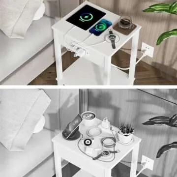 VIMBER Set of 2 End Table with Charging Station, Narrow Side Table with USB Ports and Outlets, Nightstands with 2-Tier Storage Shelves, Sofa Table for Small Space Living Room Bedroom, White UTBT102W2