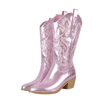 richealnini Cowboy Boots for Women Knee High Booties with Tab Western Cowgirl Embroidered Low Stacke...