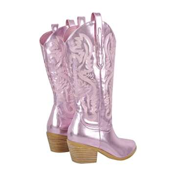 richealnini Cowboy Boots for Women Knee High Booties with Tab Western Cowgirl Embroidered Low Stacked Block Chunky Heeled Country Flowers Mid Calf Distressed Pull-On Boots Outdoor Party Pink Size 8