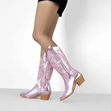 richealnini Cowboy Boots for Women Knee High Booties with Tab Western Cowgirl Embroidered Low Stacked Block Chunky Heeled Country Flowers Mid Calf Distressed Pull-On Boots Outdoor Party Pink Size 8