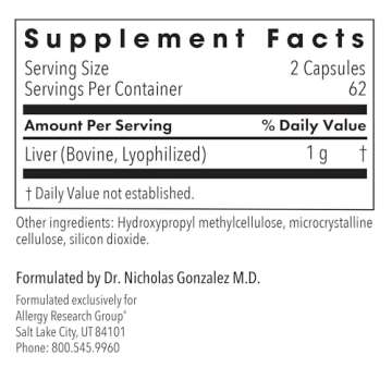 Allergy Research Group Beef Liver Supplement - Liver Function Support, Grass-fed Beef Liver Capsules 1000mg, Glandular Beef Liver Vitamins - 125 Count