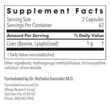Allergy Research Group Beef Liver Supplement - Liver Function Support, Grass-fed Beef Liver Capsules 1000mg, Glandular Beef Liver Vitamins - 125 Count