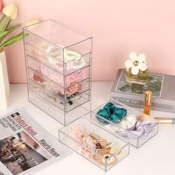 Hipiwe Plastic Drawer Organizer Clear Desktop Drawers Box with 5 Pull Out Drawer Compact Storage Dra...