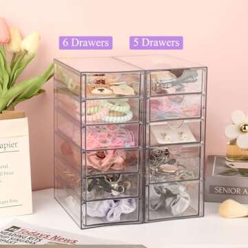 Hipiwe Plastic Drawer Organizer Clear Desktop Drawers Box with 5 Pull Out Drawer Compact Storage Drawer for Cabinet Vanity Bathroom Bedroom Pantry Shelf Office or Closet Organization