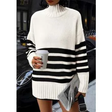 PRETTYGARDEN Women's Oversized Striped Sweaters Fall Casual Long Sleeve Turtleneck Pullover Chunky Knit Jumper Tops (Beige White,Large)